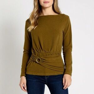 Zara Gold Long Sleeve Top Front Loop Tie Stretchy Elegant Size XS Blouse